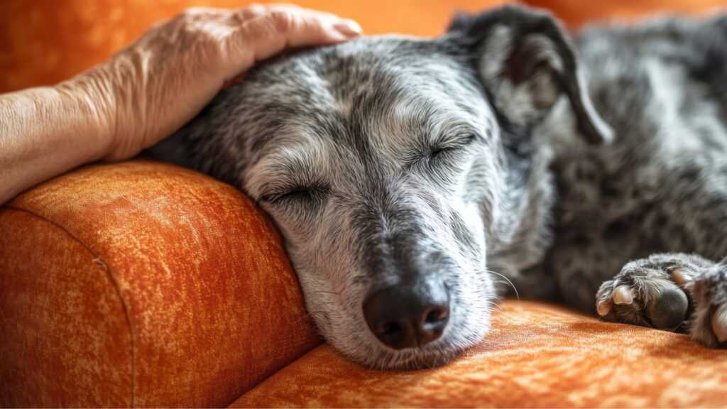 a black and white dog lying on an orange chair with a person's hand laying on their head